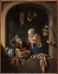 Une vieille femme et un garon avec des harengs
